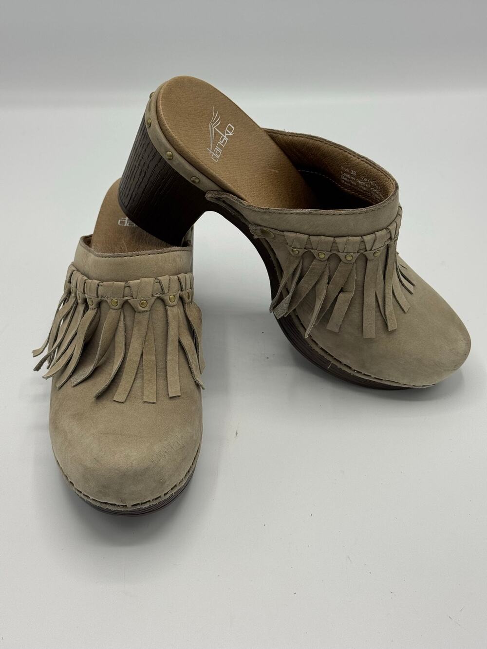 Dansko Women's Deni Clog Taupe/Tan Fringe EU Size 38 US 7.5-8